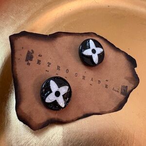 Black and White Upcycled LV Louis Vuitton Floral Vintage Button Earrings